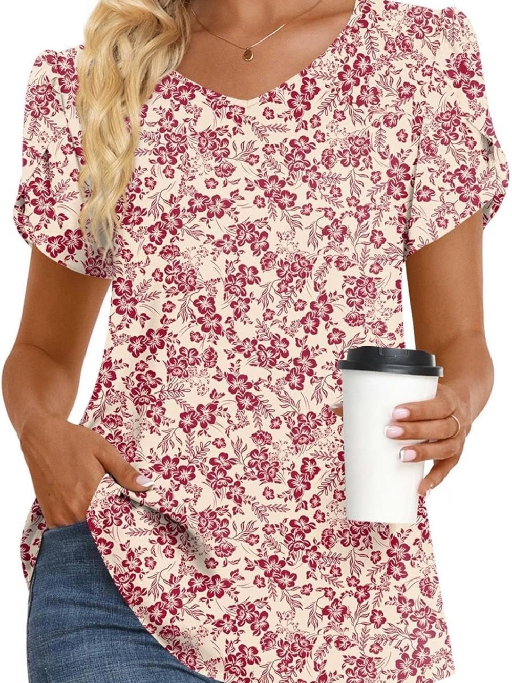 Hotgift Womens 2XL Red White Floral Blouse Flutter Sleeve V Neck Casual Top EUC